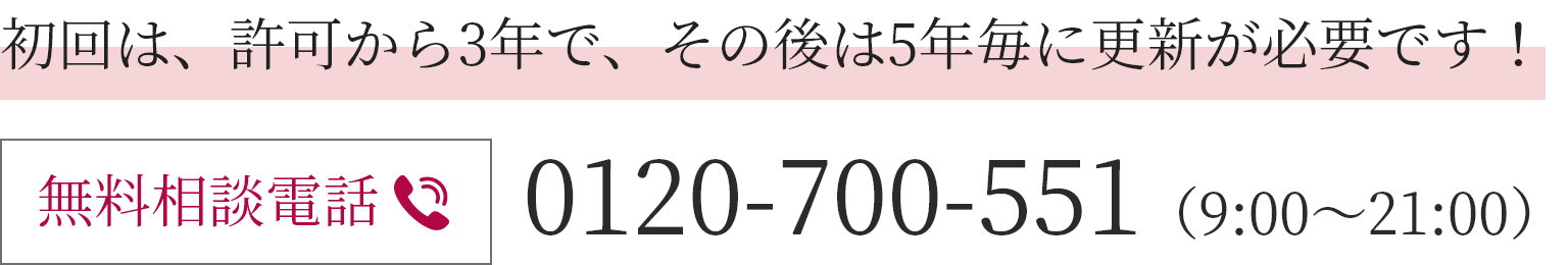 初回は、許可から3年で、その後は5年毎に更新が必要です！無料相談電話 0120-700-551（9:00～21:00）